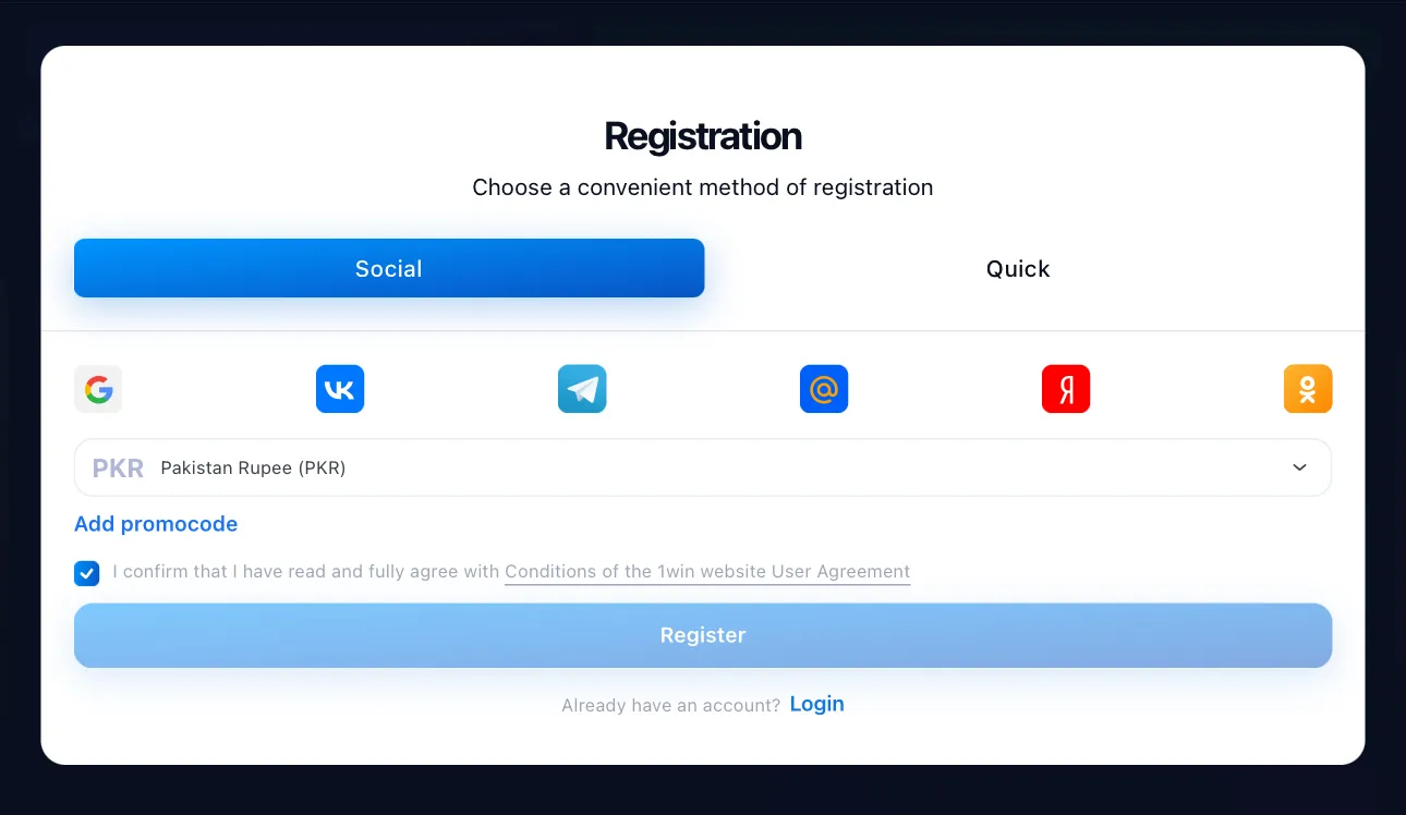 1win registration via social media 1win registration via social media